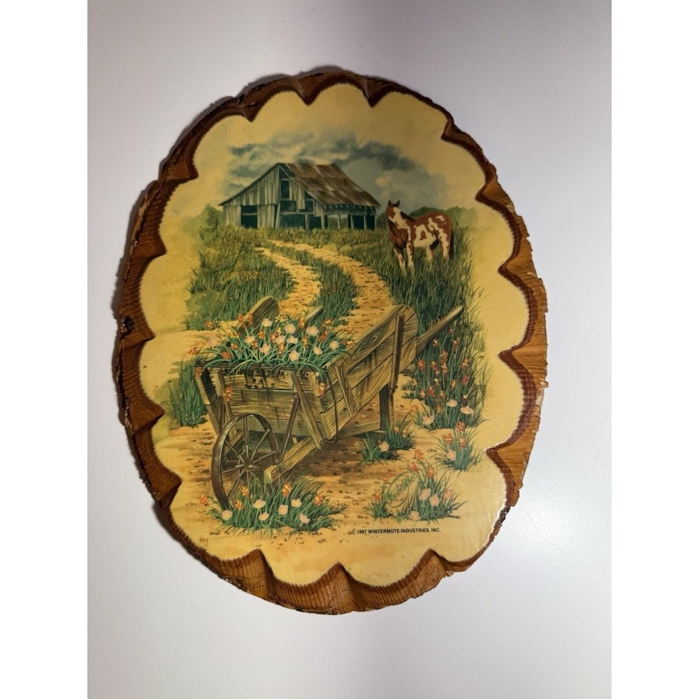 VTG 1987 Wood Wall Hanging Plaque Horse Barn Cabin Wheelbarrow Farmhouse Decor